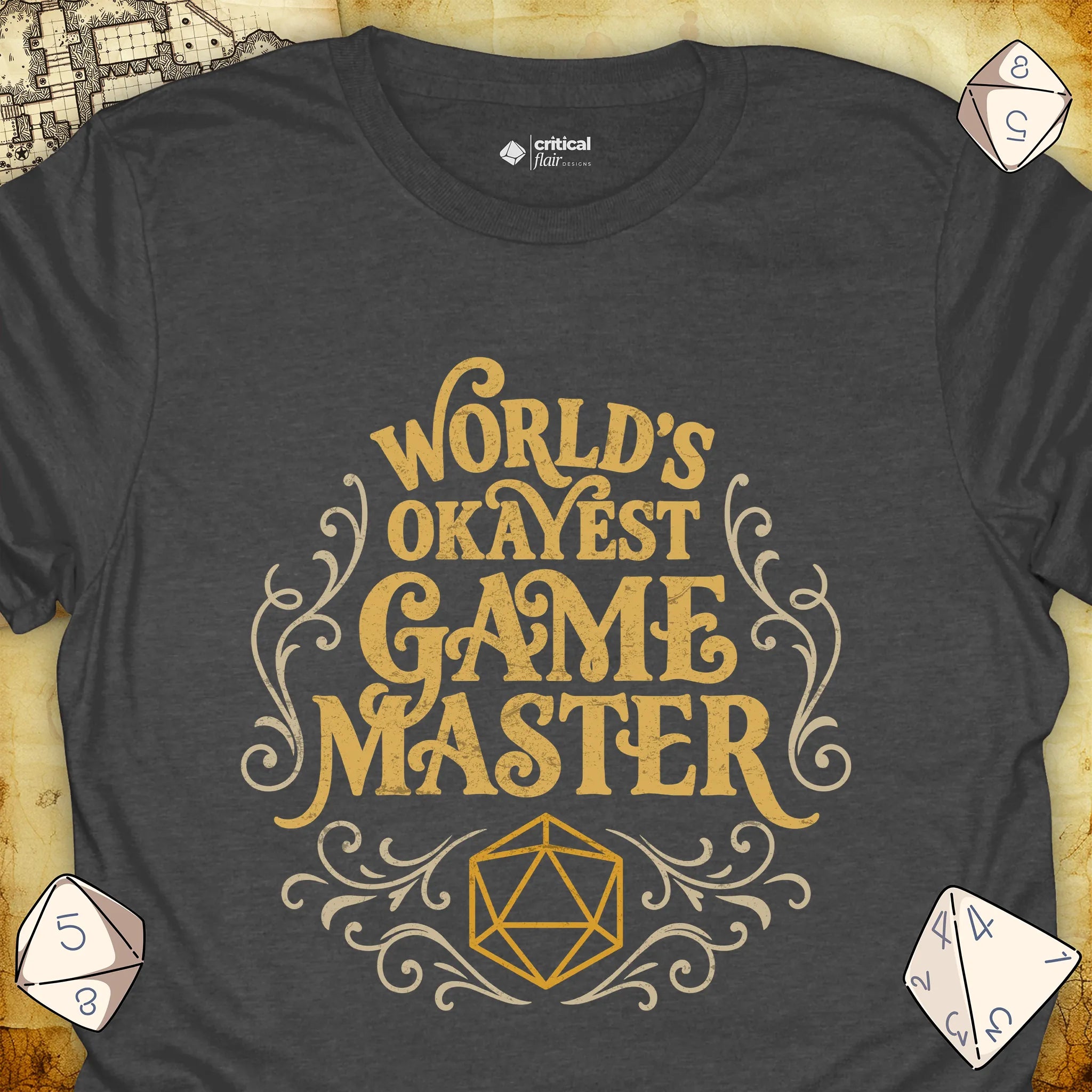 Critical Flair World's Okayest Game Master T-Shirt Dark Heather / S - Dungeons and Dragons and tabletop RPG gaming apparel