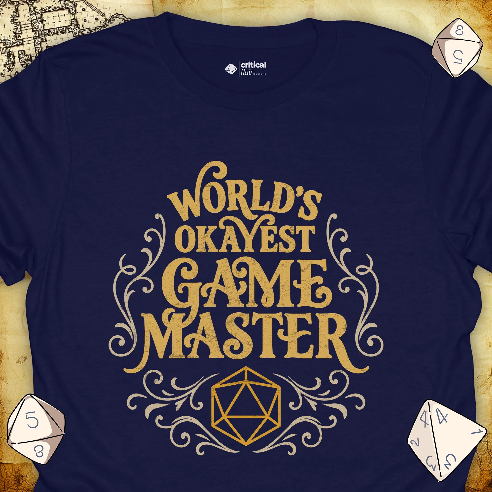 Critical Flair World's Okayest Game Master T-Shirt Navy / S - Dungeons and Dragons and tabletop RPG gaming apparel